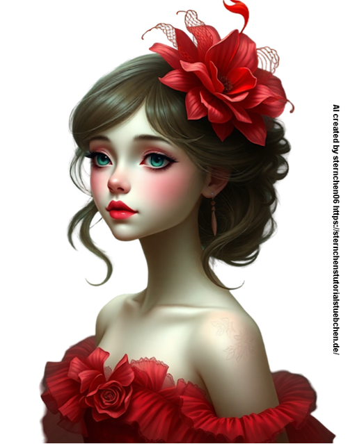 Dreamlike surreal digital painting an adorable, charming lady with delicate features in a red dress 