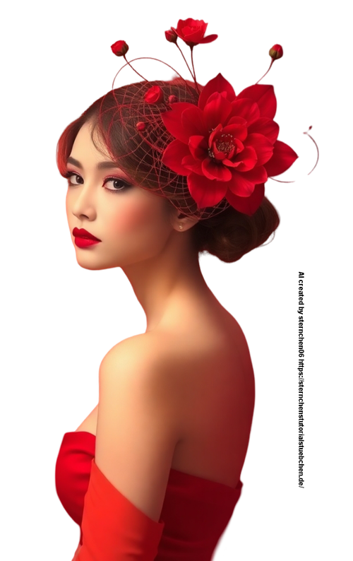A smooth gradient transition depicts a lady in red with a red flower fascinator in a mystic, enchant