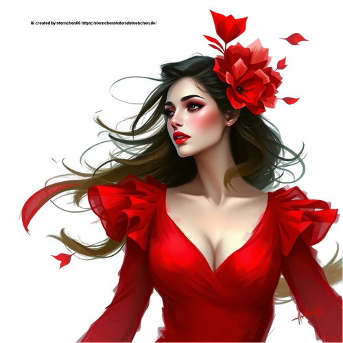 A dynamic digital sketch of a woman in a red dress and red flower fascinator, using loose painterly 