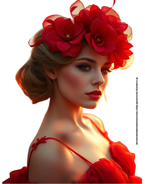 Warm golden hour light soft pastel colors Dreamlike surreal image, Lady in red dress and red flower 