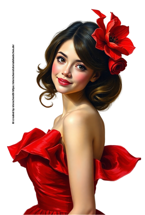 Classic oil painting, adorable and charming Lady in red dress and red flower fascinator, rich textur
