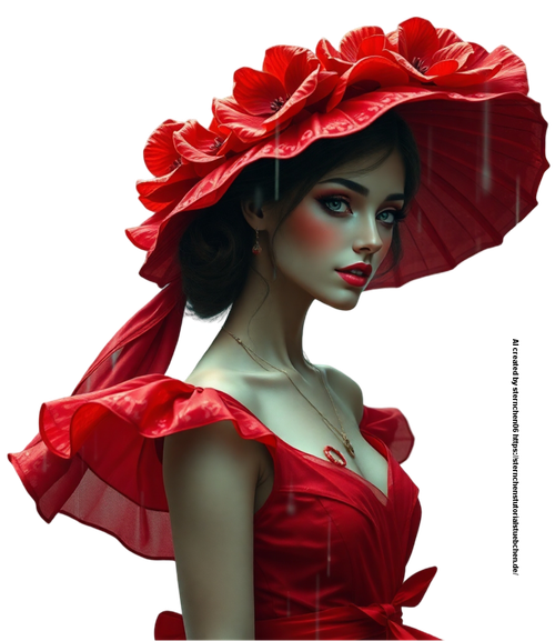 A dreamlike surreal depiction of a lady in a red dress and red flower hat, in a wet rainy scene, dri