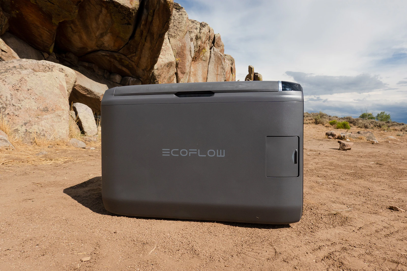 EcoFlow portable fridge at a rocky desert campsite
