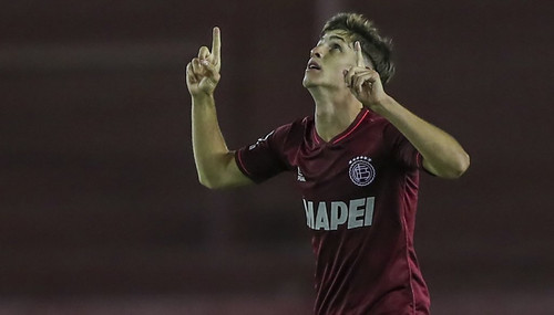 Lanus' Tomas Belmonte celebrates after scoring against Velez Sarsfield during their Copa Sudamerican.jpg