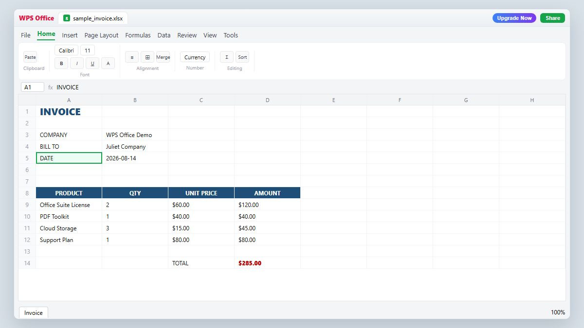 WPS Spreadsheets Home tab with Excel invoice open