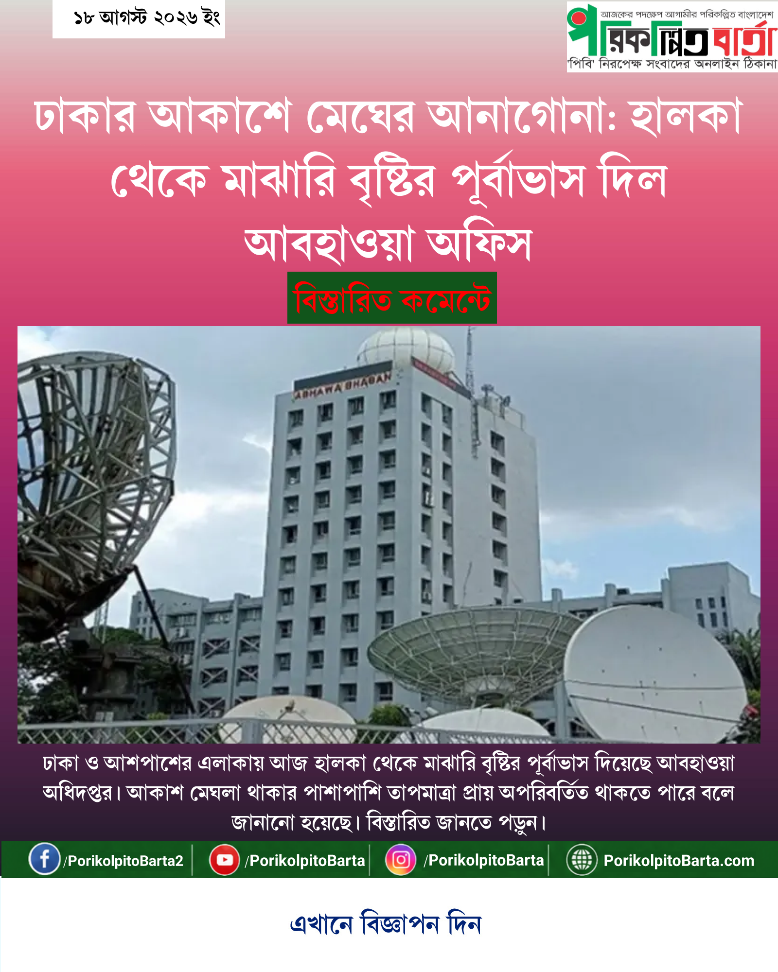 ঢাকার আকাশে মেঘের আনাগোনা: হালকা থেকে মাঝারি বৃষ্টির পূর্বাভাস দিল আবহাওয়া অফিস
