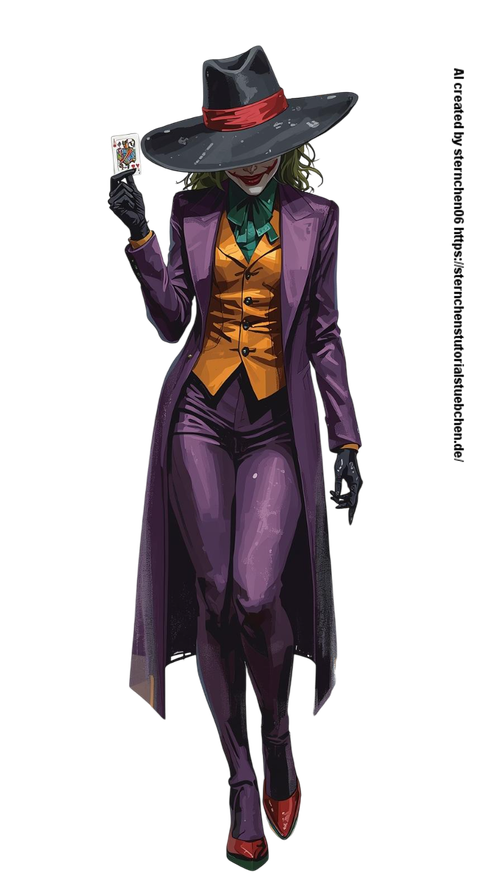 a Female Joker, with black hat, one joker card in her hand, full body, painting, white background (2