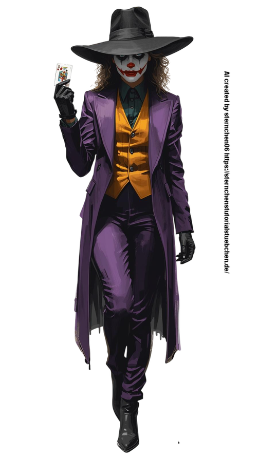 a Female Joker, with black hat, one joker card in her hand, full body, painting, white background (6