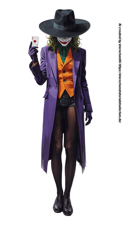 a Female Joker, with black hat, one joker card in her hand, full body, painting, white background (9