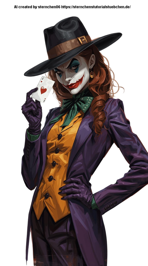 a Female Joker, with black hat, one joker card in her hand, full body, painting, white background (1