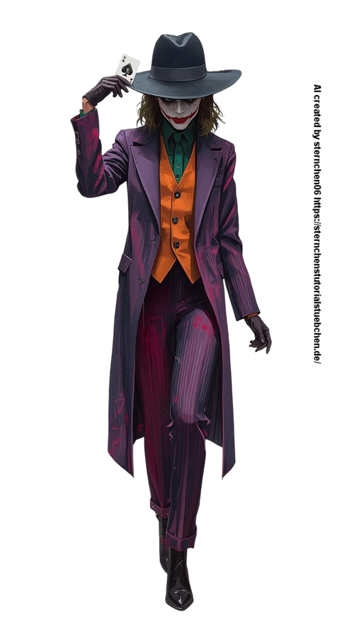 a Female Joker, with black hat, one joker card in her hand, full body, painting, white background (5