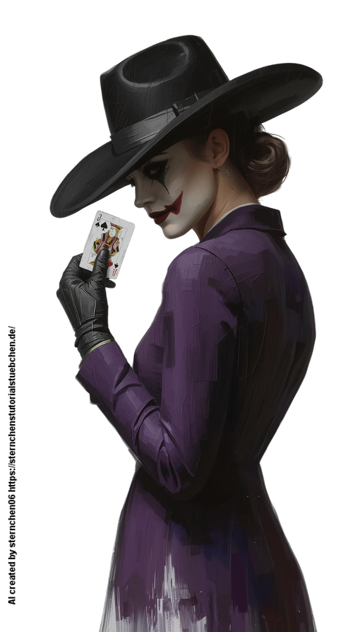 a Female Joker, with black hat, with a joker card in her hand, full body, painting, white background