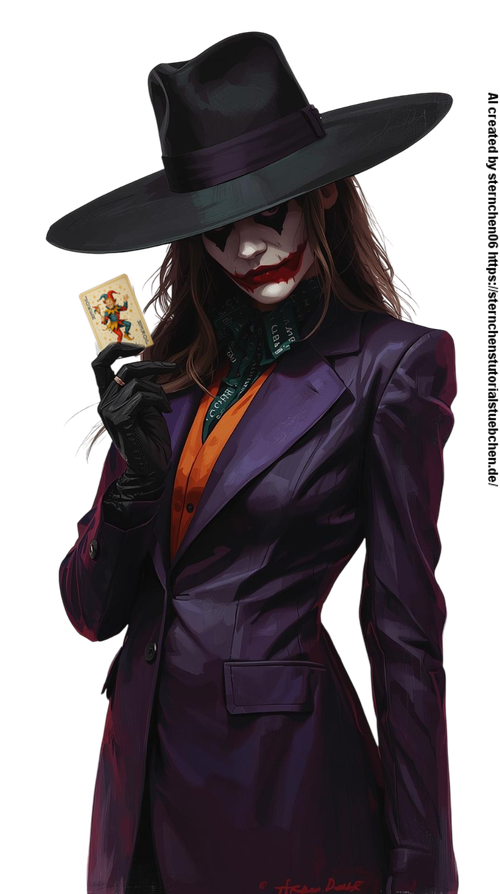 a Female Joker, with black hat, one joker card in her hand, full body, painting, white background (7