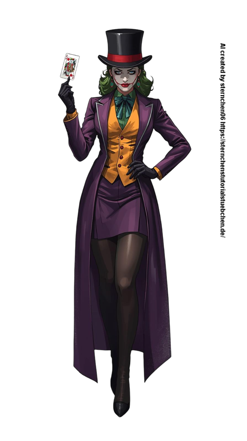a Female Joker, with black hat, one joker card in her hand, full body, painting, white background (4