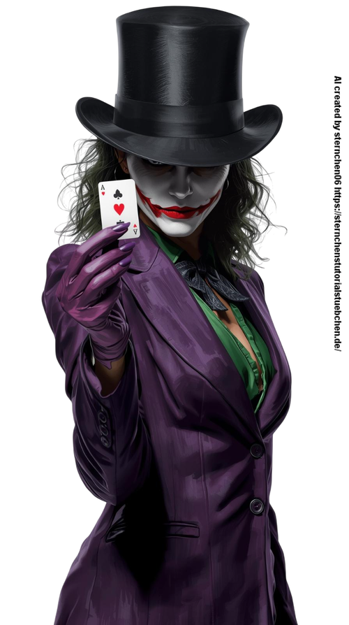 a Female Joker, with black hat, one joker card in her hand, full body, painting, white background (8