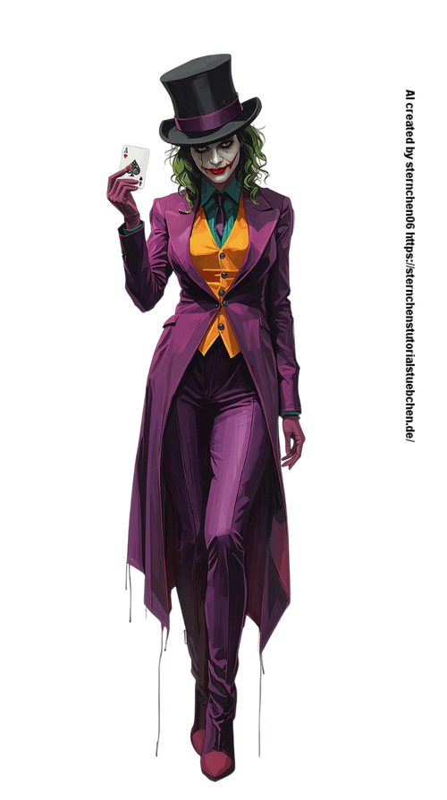 a Female Joker, with black hat, one joker card in her hand, full body, painting, white background Ph