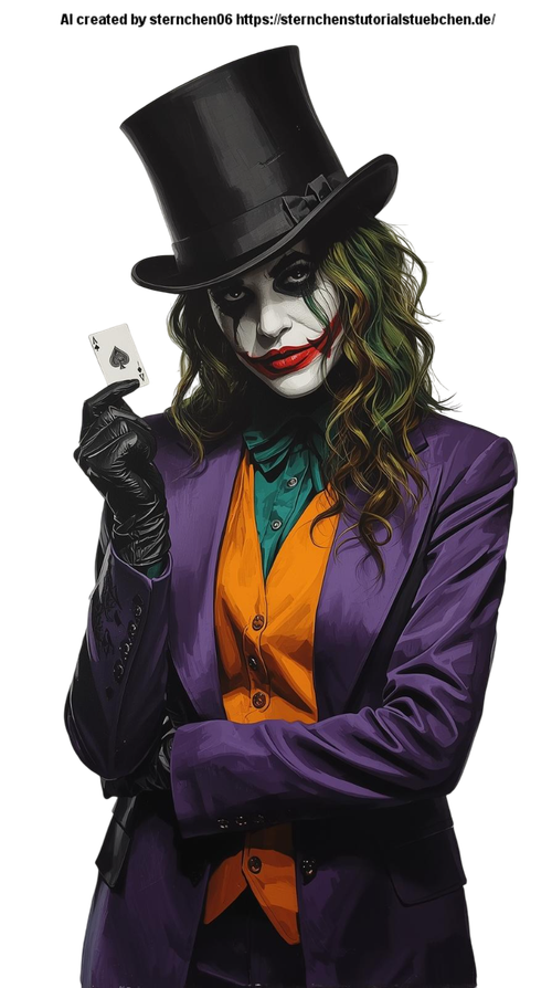 a Female Joker, with black hat, one joker card in her hand, full body, painting, white background (3