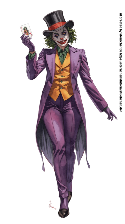 a Female Joker, with black hat, one joker card in her hand, full body, aquarellpainting (4) Photoroo