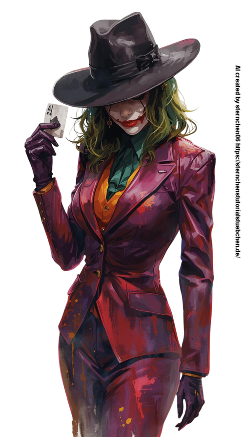 a Female Joker, with black hat, one joker card in her hand, full body, aquarellpainting (3) Photoroo