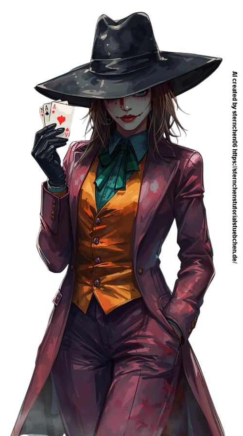 a Female Joker, with black hat, one joker card in her hand, full body, aquarellpainting (2) Photoroo