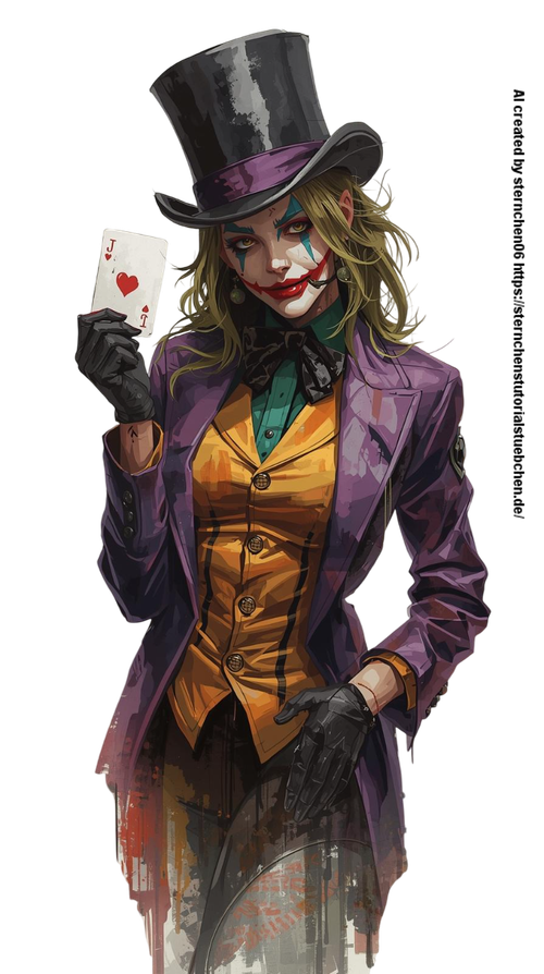 a Female Joker, with black hat, one joker card in her hand, full body, aquarellpainting Photoroom