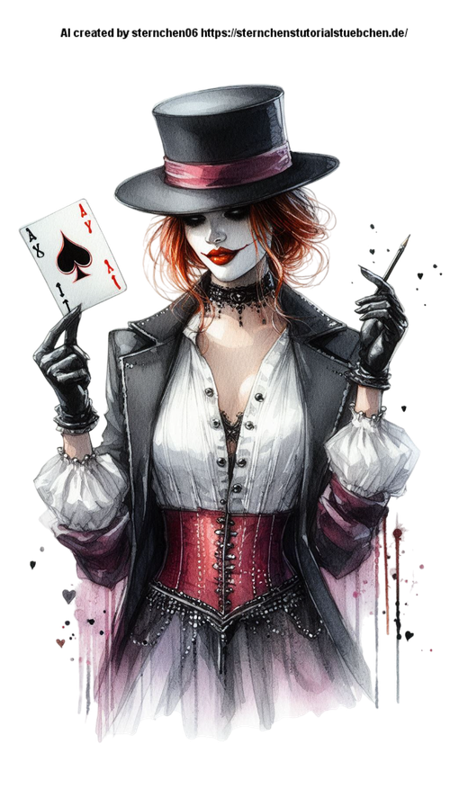 a Female Joker, with black hat, one joker card in her hand, full body, aquarell (1) Photoroom
