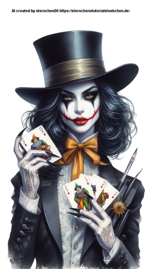 a Female Joker, with black hat, one joker card in her hand, full body, aquarellpainting (1) Photoroo