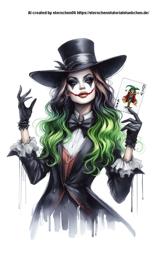 a Female Joker, with black hat, one joker card in her hand, full body, aquarell Photoroom