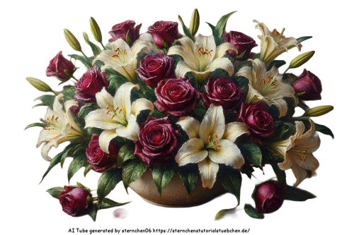ein breites blumenbuquet aus lilien und burgundfarbenen rose
