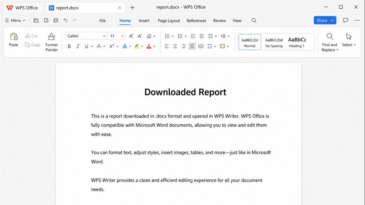 Open DOCX in WPS Writer Home tab