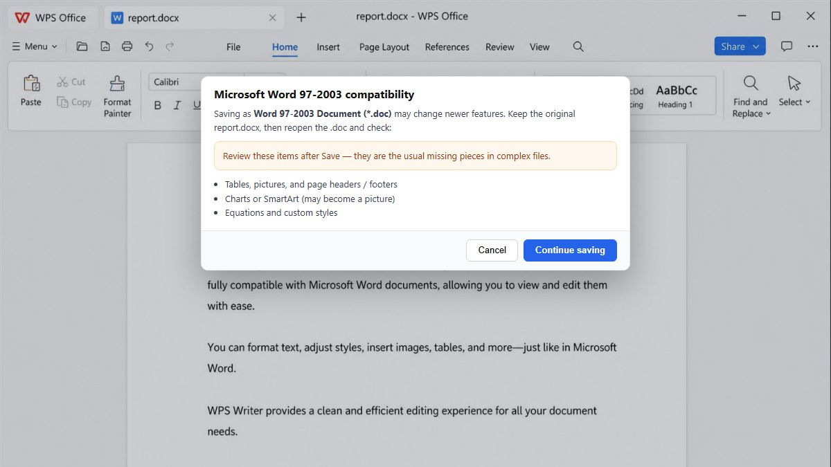 Check DOC compatibility then continue saving