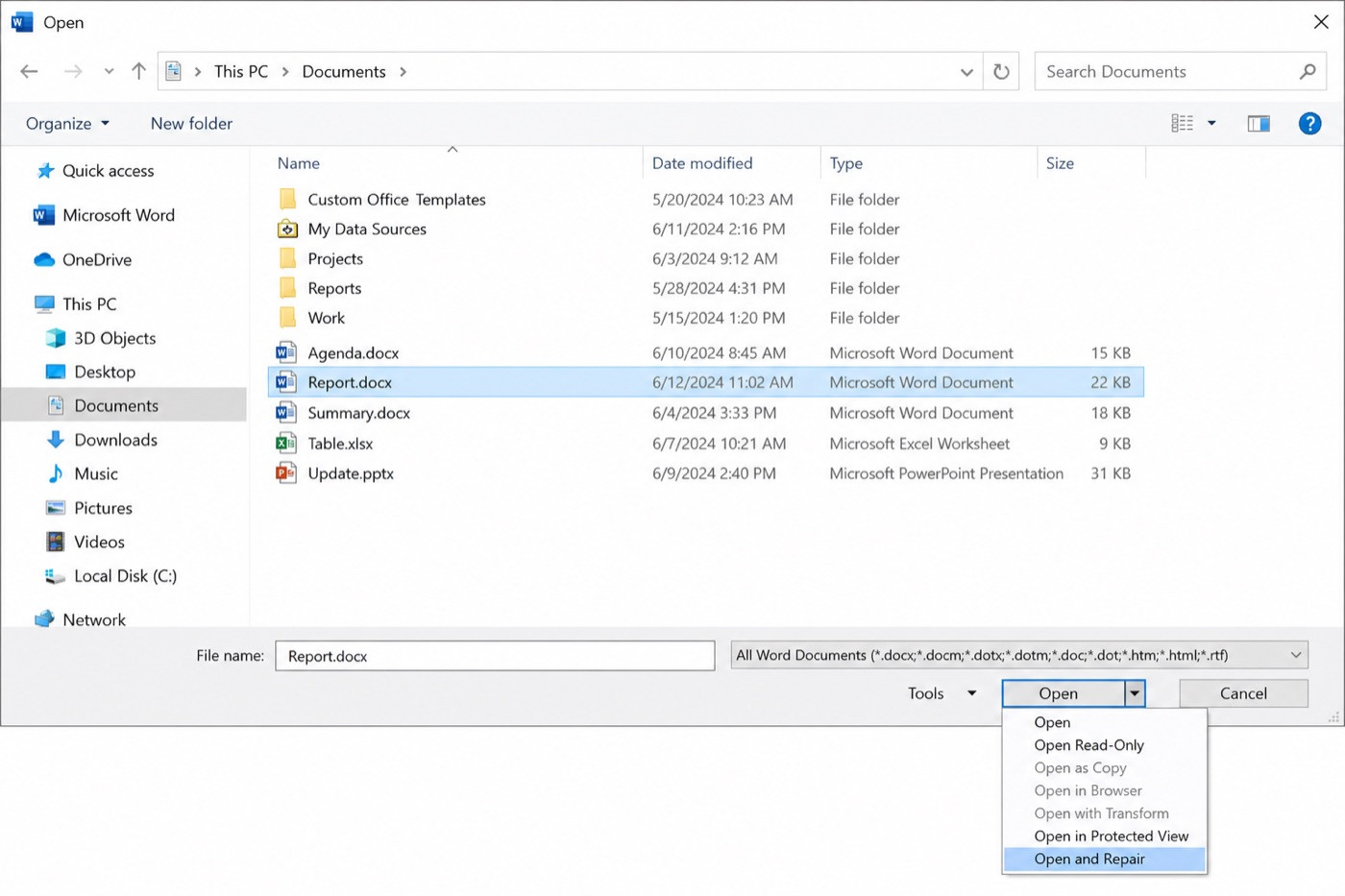 Word Open and Repair menu