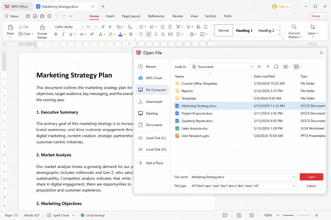 Open document in WPS Writer