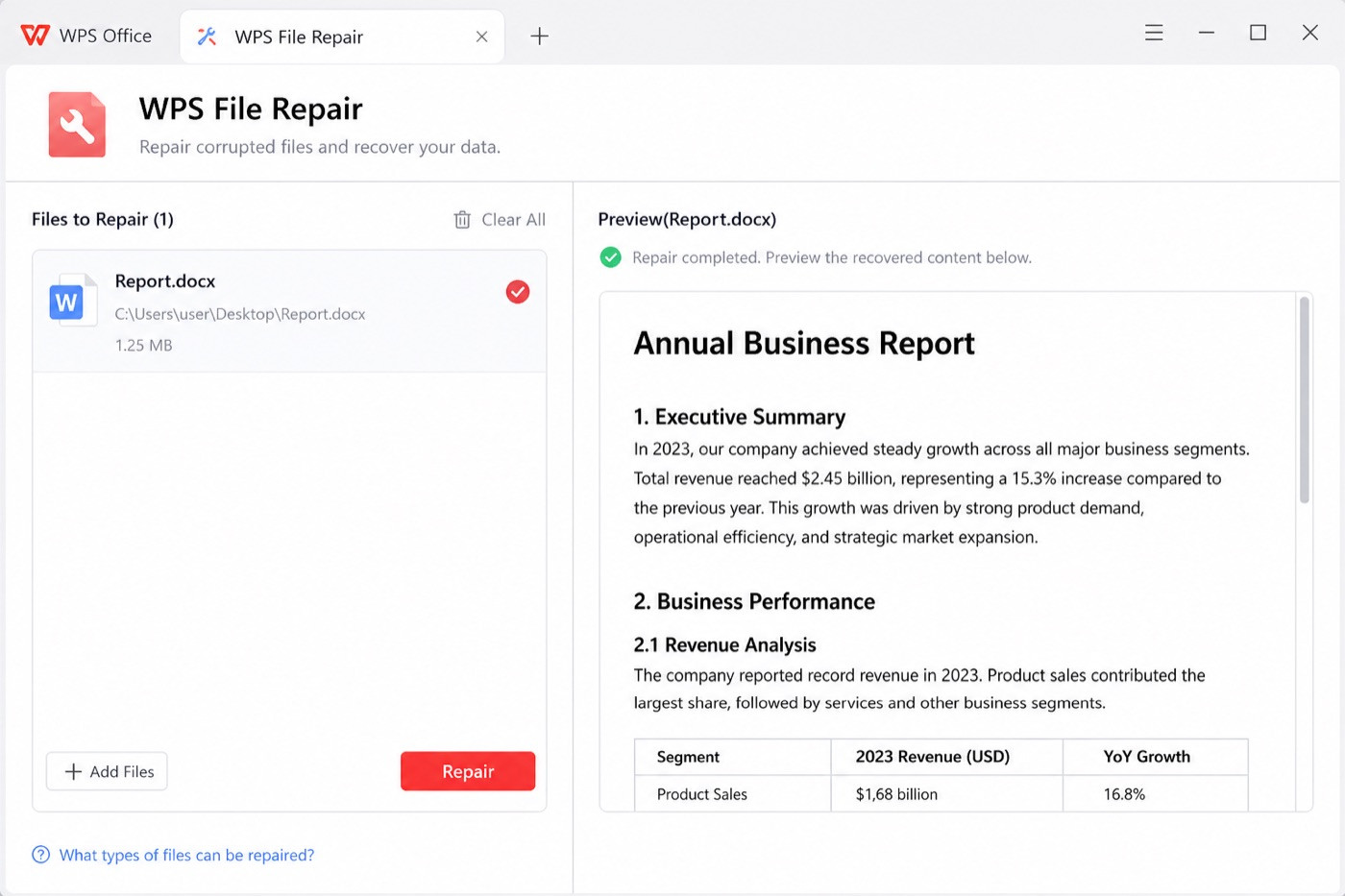WPS File Repair preview result