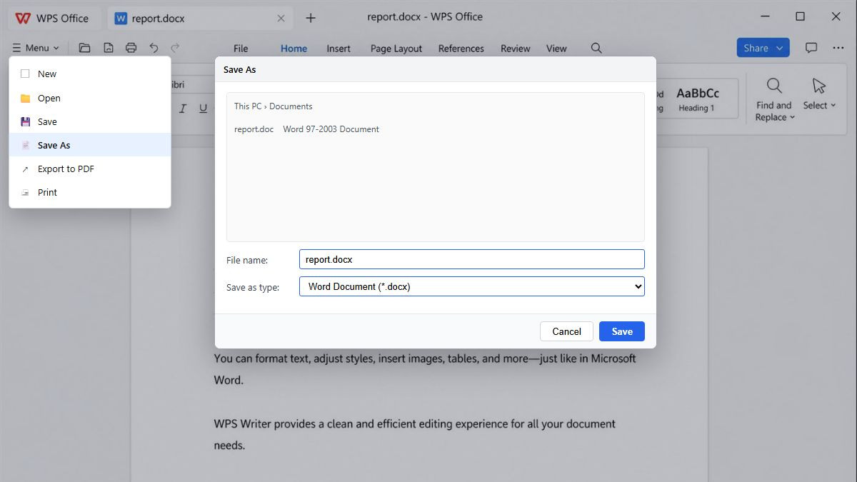 Listahan ng format para I-save ang DOC bilang DOCX