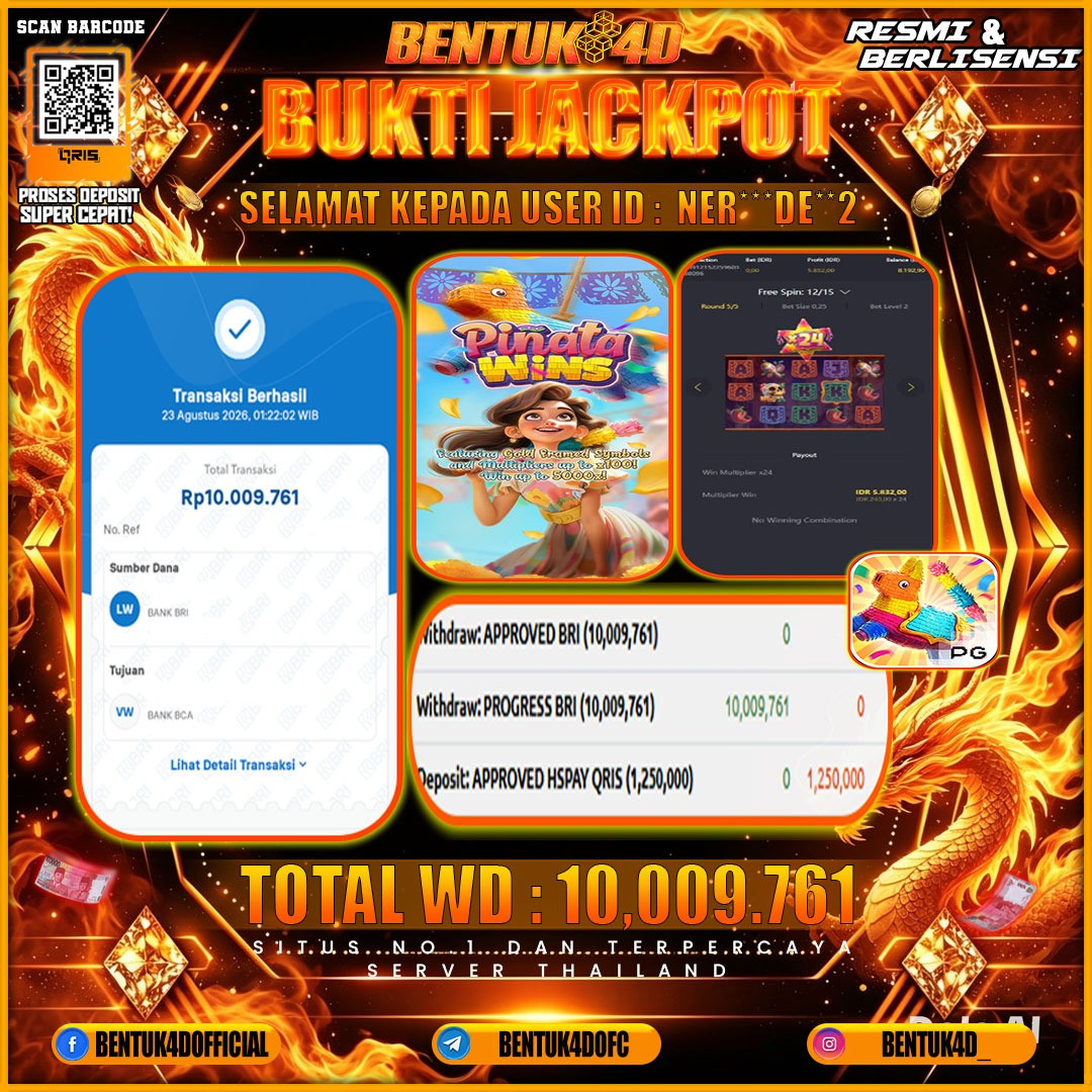 SELAMAT KEPADA USER ID : NER***DE**2 KEMENANGAN Rp 10,009,761 (PINATA WINS) BENTUK4D