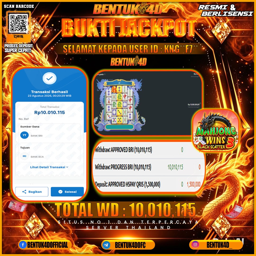 SELAMAT KEPADA USER ID : KNG**F7 KEMENANGAN Rp 10,010,115 (MAHJONG WINS 3 BLACK SKATTER) BENTUK4D