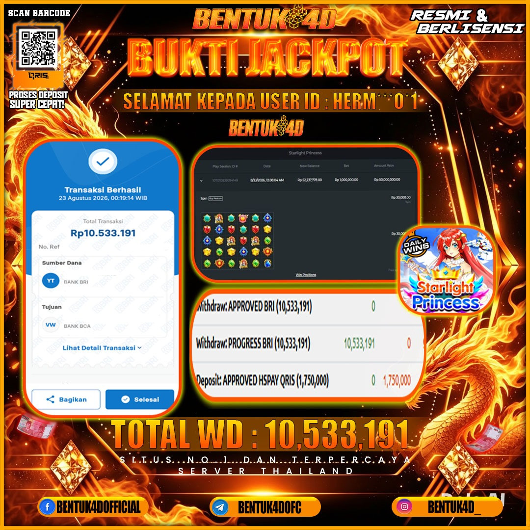 SELAMAT KEPADA USER ID : HERM***0*1 KEMENANGAN Rp 10,533,191 (STARLIGH PRINCESS) BENTUK4D
