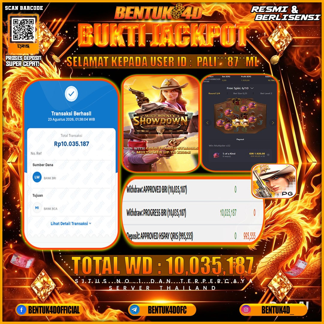 SELAMAT KEPADA USER ID : PALI***87**ML KEMENANGAN Rp 10,035,187 (WILD BOUNTY SHOWDOWN) BENTUK4D