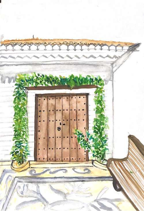 Watercolour of a doorway with vines