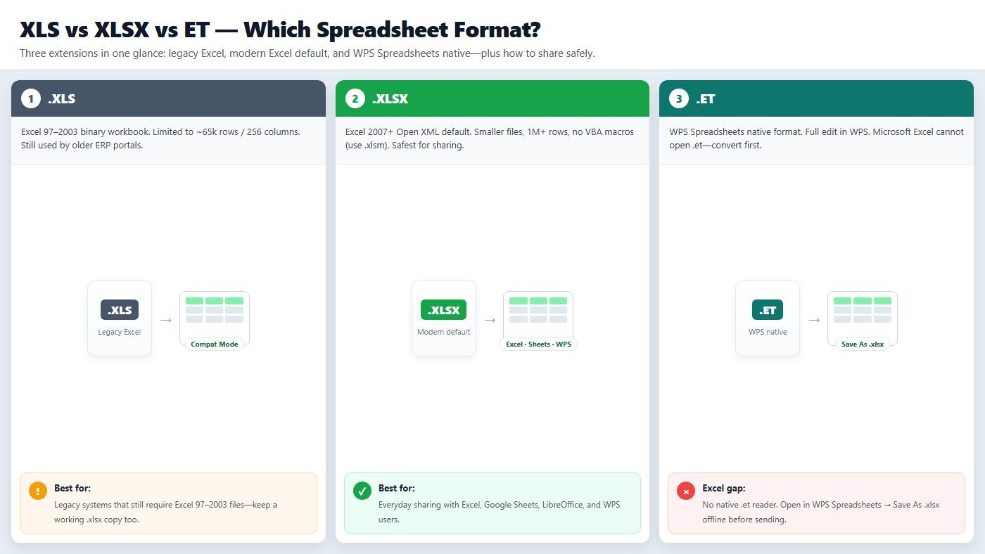 XLS vs XLSX vs ET: Differences, Excel Limits & Offline Conversion
