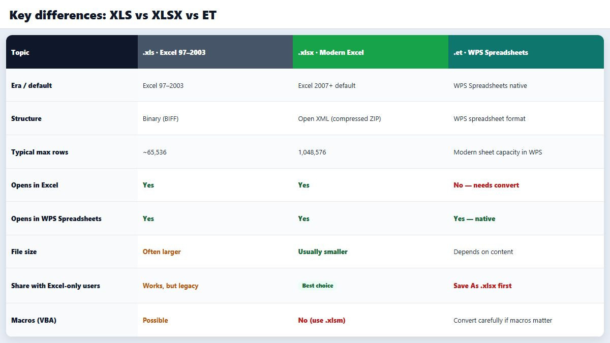 Full-bleed comparison table of XLS vs XLSX vs ET compatibility