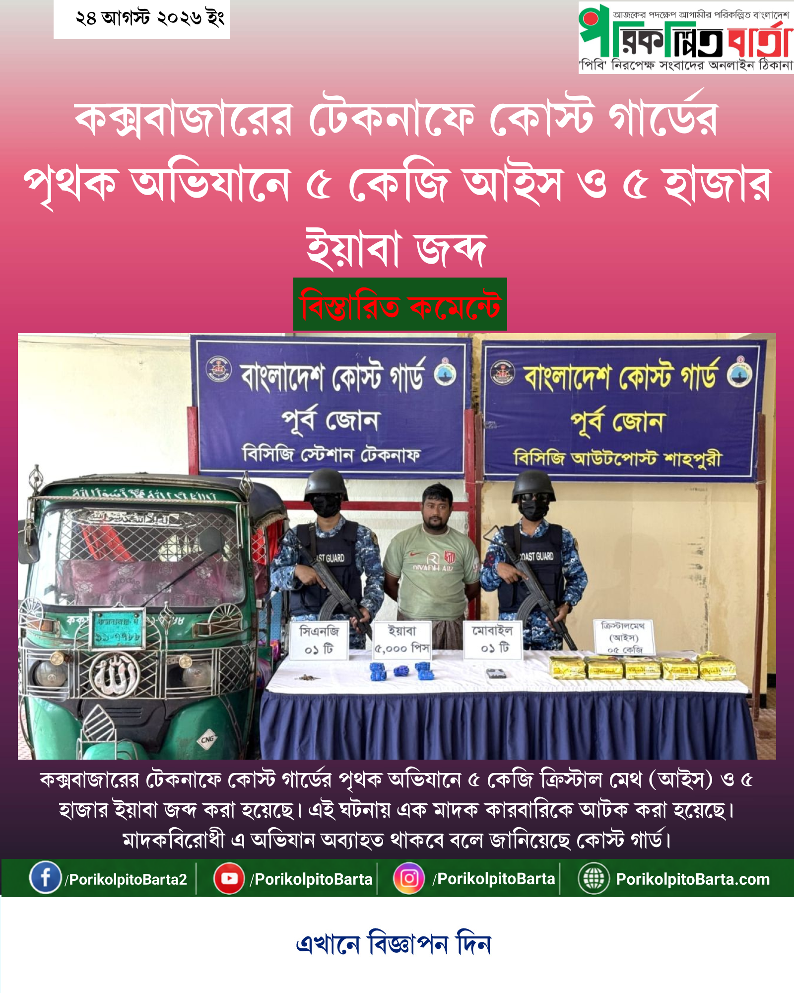 কক্সবাজারের টেকনাফে কোস্ট গার্ডের পৃথক অভিযানে ৫ কেজি আইস ও ৫ হাজার ইয়াবা জব্দ