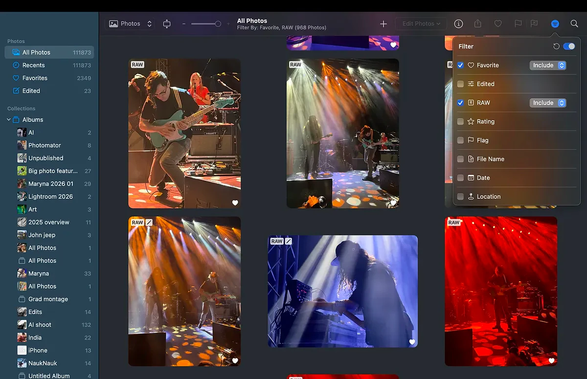 Shot of the Photomator browser, with the filter window&rsquo;s boxes checked to only display Raw files that have been favorited. Other criteria are available such as Star Rating.
