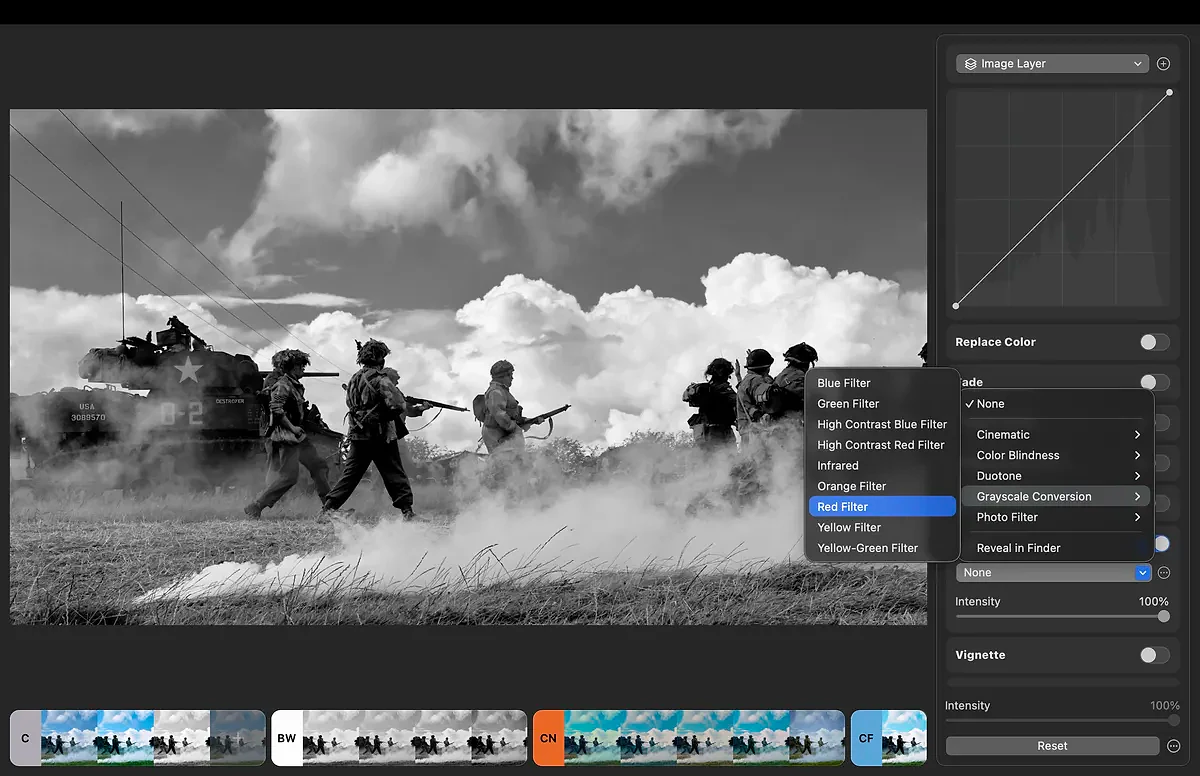 Shot of World War II reenactors and a tank on a battlefield. A Red LUT has been applied from the Grayscale Conversion selection of LUTs.