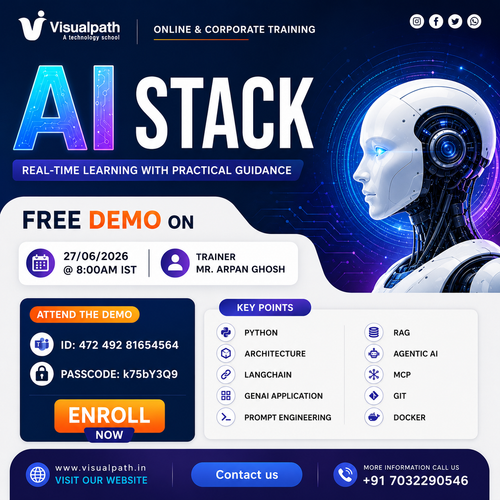🤖 Complete AI Stack Training – Attend our FREE Live Demo on 27/06/2026 at 08:00 AM IST. Perfect for students, working professionals, and AI enthusiasts looking to build real-world AI skills. 
🔗 Join the Demo Session: https://bit.ly/4eEXb2P
💻 Meeting ID: 472 492 81654564 | 🔑 Passcode: k75bY3Q9
📅 Demo Date: 27/06/2026
⏰ Time: 08:00 AM IST
👨‍🏫 Trainer: Mr. Arpan Ghosh 
📚 Key Modules:
Python | RAG | LangChain | Agentic AI | MCP | Docker | Git | Prompt Engineering
🌍 Corporate & Globally Training Available
📞 Call/WhatsApp: +91 7032290546
🌐 Website: https://visualpath.in/aistack-online-training.html
📲 WhatsApp: https://wa.me/c/917032290546