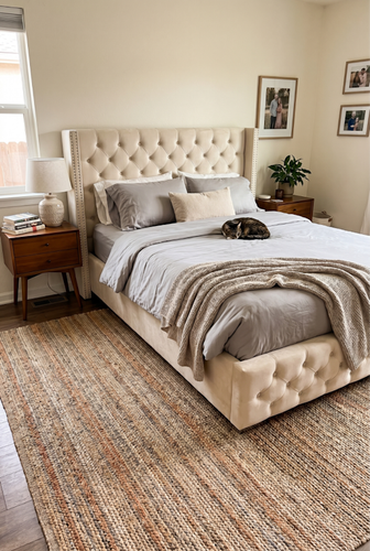 Double bed ottoman with winged cross-pattern headboard.png