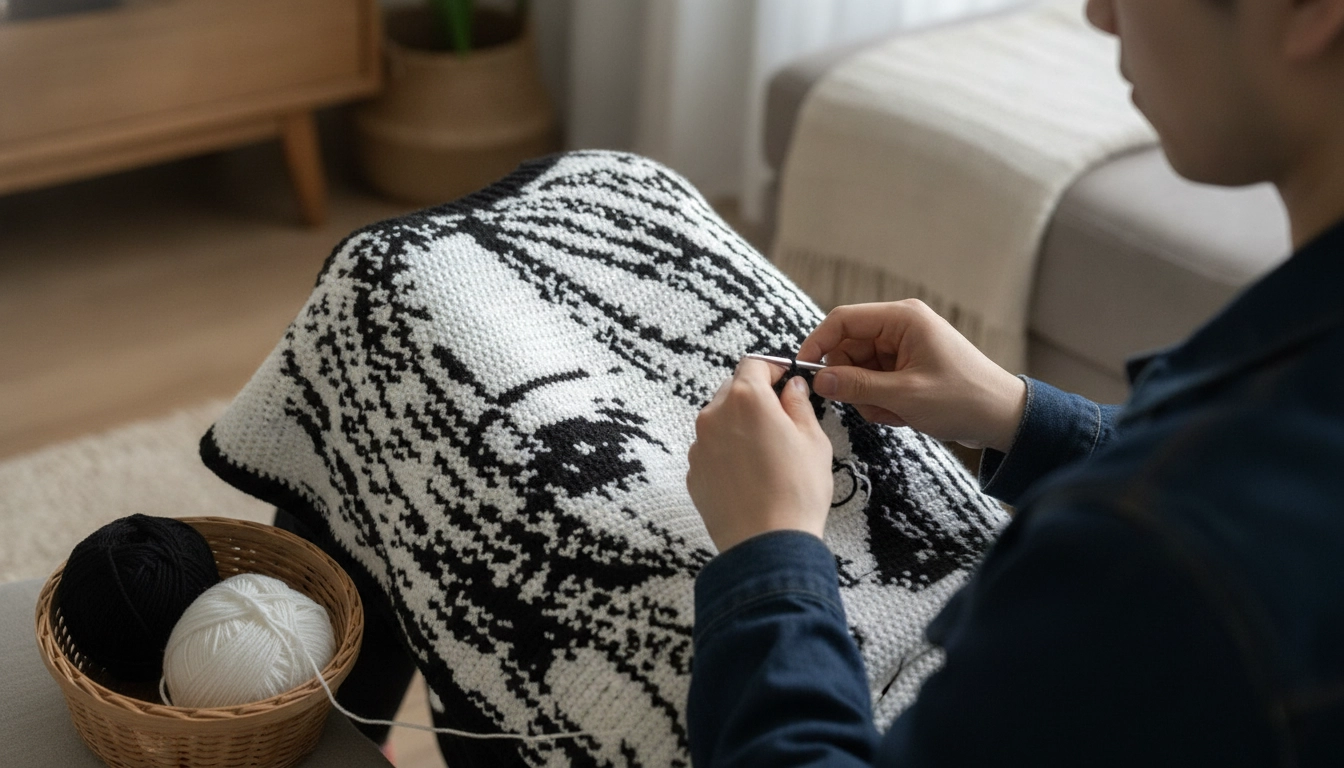 Hands working on the detailed eye section of the anime girl crochet graph using black and white yarn.