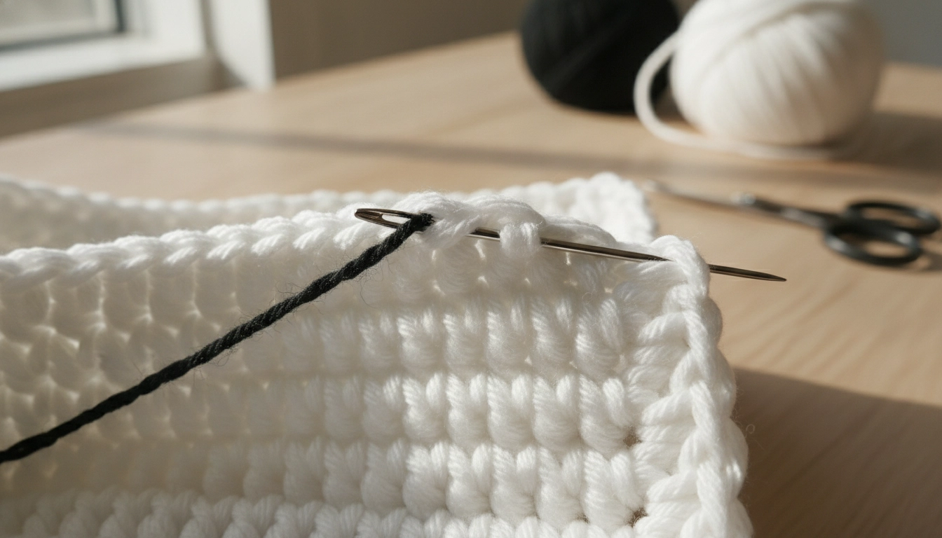 A close-up of a sharp tapestry needle weaving a black yarn tail into the back of a crochet panel.