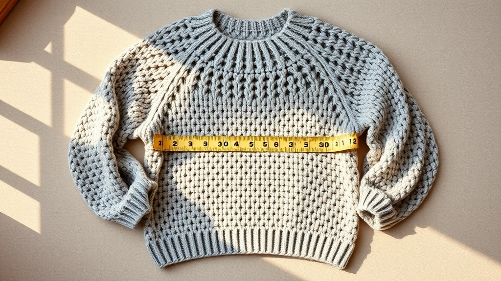 A flat lay of an oversized crochet sweater with measuring tape showing the chest width.
